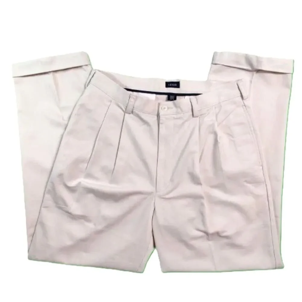 IZOD Men’s Khaki Chino Pants 34x32 Beige Pleated Cotton Dress Casual